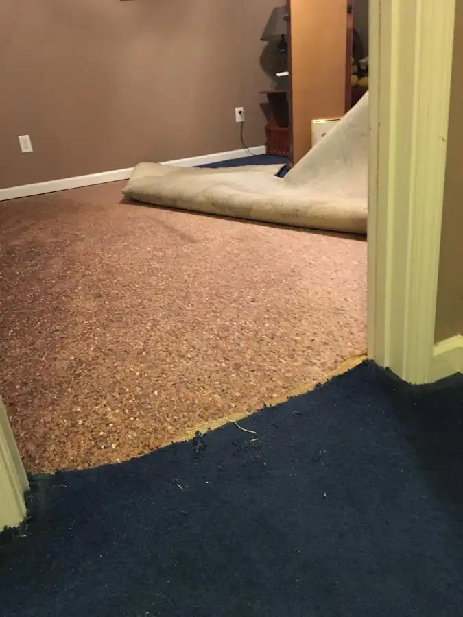 Carpet pad removal revealing water damage during Water Mitigation Services in Spring Valley